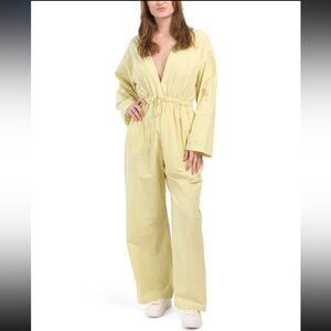 Zara Yellow Cotton Wide Leg Jumpsuit XL – Deep V Kimono Sleeve Summer Romper